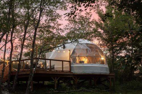 uma casa cúpula num deque de madeira com árvores em FlowEdge Riverside Getaway em Meaghers Grant