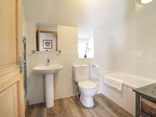 a white bathroom with a toilet and a sink at Bridgeway House in Blaenau-Ffestiniog