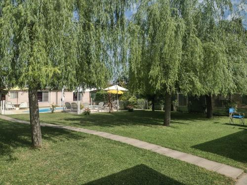 une pelouse avec des arbres et un parasol dans une cour dans l'établissement Cabañas Midelem, à Chascomús
