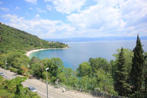 a view of a body of water with a road at Apartments and rooms by the sea Medveja, Opatija - 2305 in Lovran