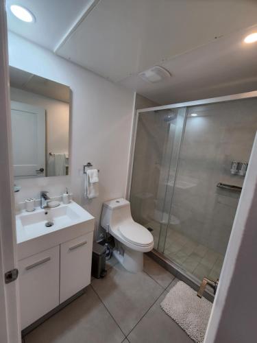 y baño con ducha, aseo y lavamanos. en ARUBA DREAM GETAWAY 2BR/2BT OCEAN & POOL VIEW, en Oranjestad