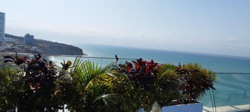 a view of the ocean from a balcony with plants at Departamento Suite frente al mar Poseidon Manta in Manta