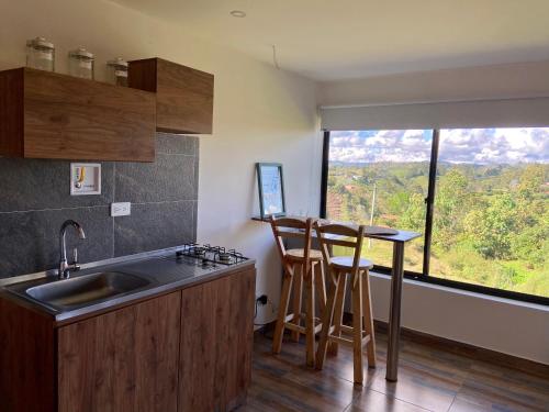 a kitchen with a sink and a counter with a window at Cabañas con jacuzzi y chimenea - Casa Floral, Marinilla in Marinilla