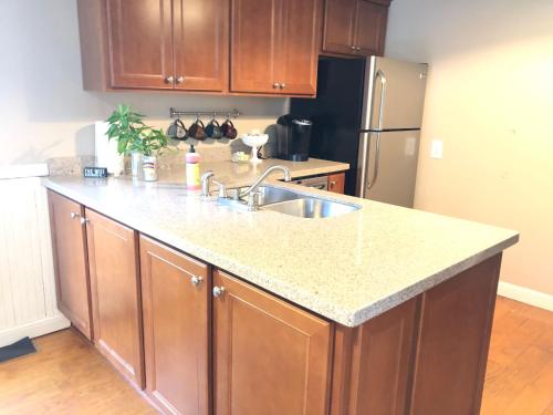 a kitchen with a sink and a refrigerator at The Lodge Dog and Family Friendly 5 Bedrooms 13 guests 10 beds in Saint Peter