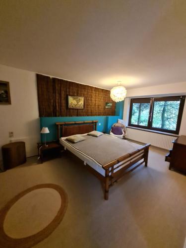 een grote slaapkamer met een bed en een kroonluchter bij Auszeit an der Nordsee in Husum