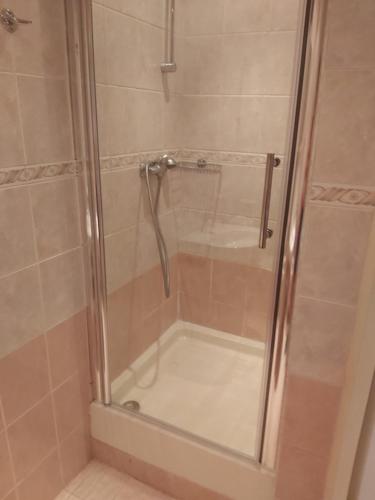 y baño con ducha y puerta de cristal. en Chata nad kúpaliskom, en Kováčová