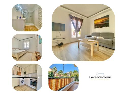 a collage of four pictures of a living room at "Les Orchidées" Cosy et rénové, Proche Mer, Gare in Roquebrune-Cap-Martin
