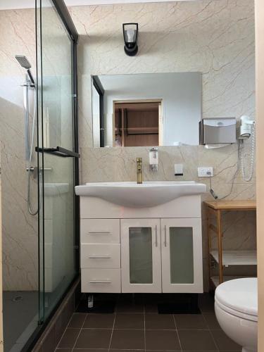 a bathroom with a white sink and a toilet at Central Jetty Motel in The Entrance