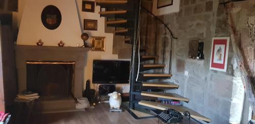 un gato sentado en una sala de estar con una escalera de caracol en Torrebeatrice, en Bagnaia
