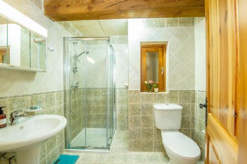 a bathroom with a shower and a toilet and a sink at Rebbiegha Holiday Home in Qala