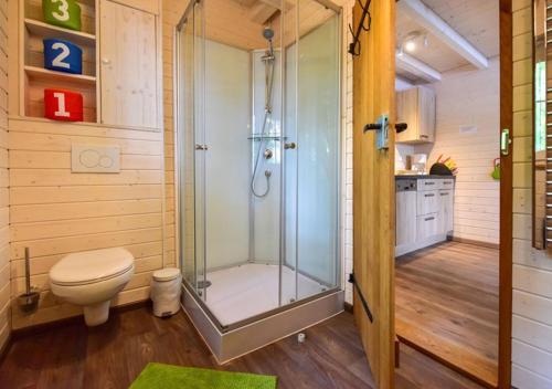 ズンデルンにあるBaumhäuser- Nordic Ferienpark Sorpeseeのシャワーとトイレ付きのバスルーム