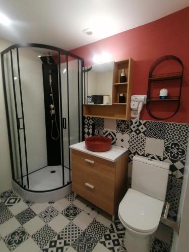 une salle de bain avec une douche, des toilettes et un lavabo dans l'établissement L'étoile de mer - Les remparts, à Gravelines