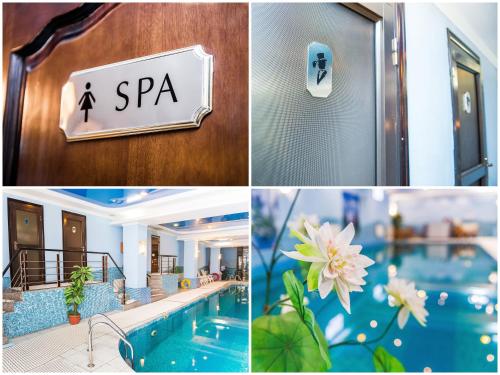 ウスチ・カメノゴルスクにあるDeluxe SPA-Hotelのスイミングプールとスパサイン付きのホテル