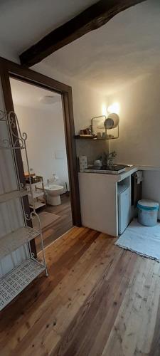 een badkamer met een wastafel en een toilet in een kamer bij Al vicolo del Gallo MONOLOCALE in Varallo