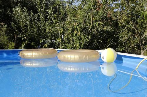 Deux balles gonflables et un ballon dans une piscine dans l'établissement La Bergerie à Cratoule, Domaine Les Musarts, à Issirac