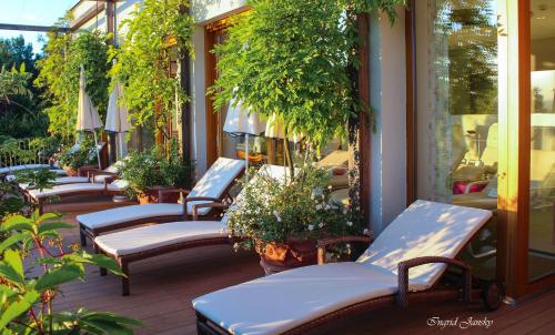 a row of benches sitting on a porch with plants at Hotel & Spa Der Steirerhof in Bad Waltersdorf