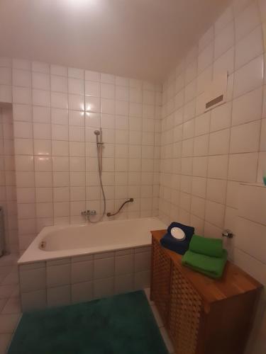 y baño con bañera y alfombra verde. en Appartements Donaublick en Linz