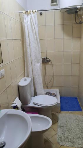 uma casa de banho com um WC, um chuveiro e um lavatório. em La Casita em Tirana