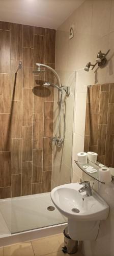 a bathroom with a toilet and a sink and a shower at Hotel Przylesie in Sierosław