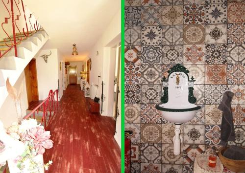 two pictures of a house with a tile wall at Gästehaus Schmitt in Lähn
