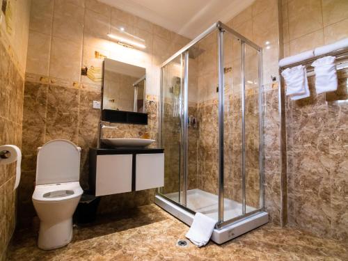 a bathroom with a shower and a toilet at KoKo Palm Inn LTD in Accra