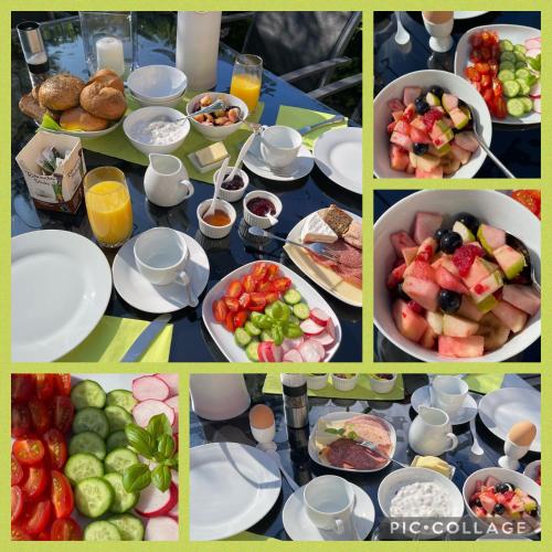 a collage of pictures of a table full of food at Villa Marlene in Treis-Karden