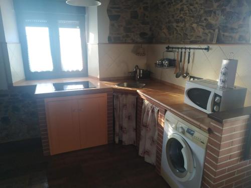 a kitchen with a washing machine and a microwave at MINI PICONEIRO II in Pravia