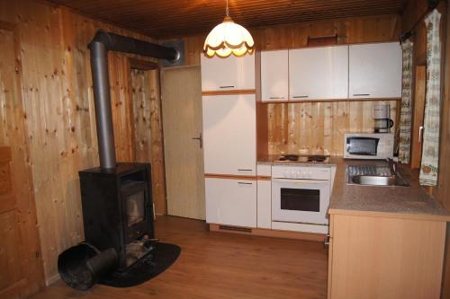 eine Küche mit einem Holzofen im Zimmer in der Unterkunft Ferienhütten Brandtner in Rossleithen