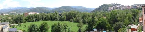 a green field with trees and mountains in the background at Hotel Restaurante La Glorieta in La Seu d'Urgell