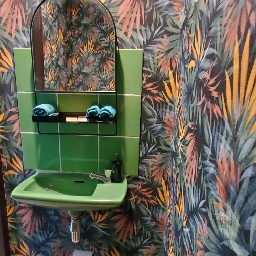 La salle de bains est pourvue d'un lavabo vert et de papier peint tropical. dans l'établissement Le vent dans les voiles - Appartement classé 4 étoiles, à Mèze