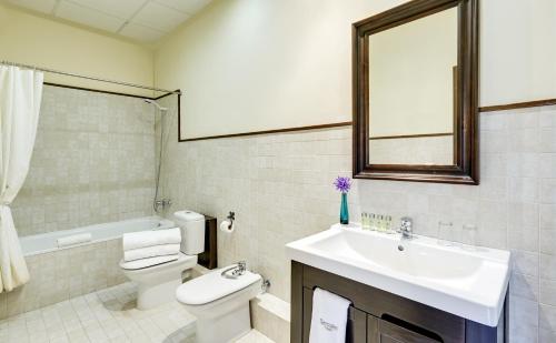 a bathroom with a toilet, sink, mirror and bath tub at Hotel Rural y Apartamentos Villa Engracia in Espluga de Francolí