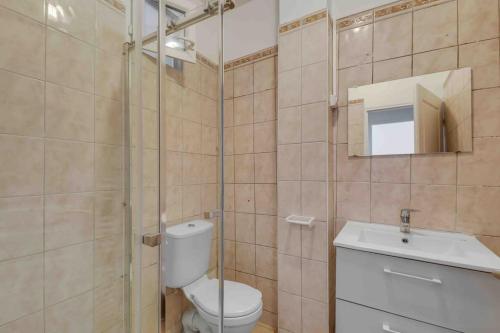 a bathroom with a toilet and a sink and a mirror at Cozy apartment F3 with barbecue in Le Bourget