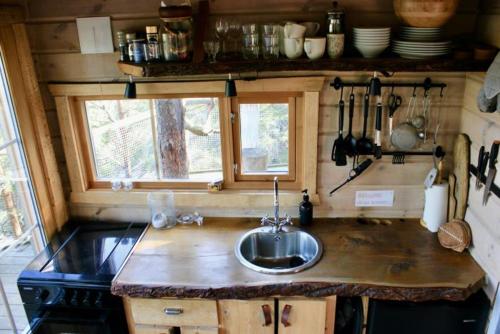 eine Küche mit Spüle in einem winzigen Haus in der Unterkunft Tretopphytter På Grensen - Elghytta med robåt og gjeddefiske in Halden