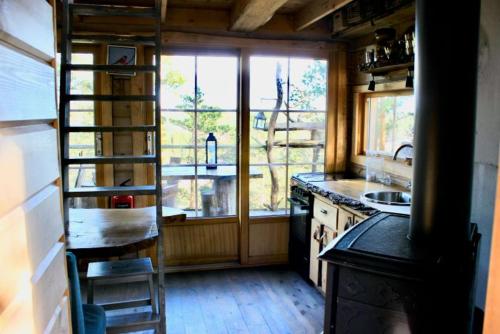 eine Küche mit einem Herd und einem Fenster mit einer Leiter in der Unterkunft Tretopphytter På Grensen - Elghytta med robåt og gjeddefiske in Halden