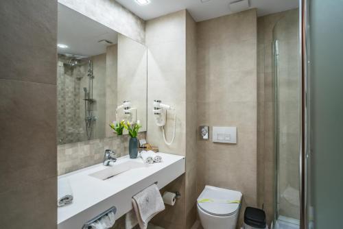a bathroom with a sink and a toilet and a mirror at Hotel Eden Garden Spa in Câmpulung Moldovenesc
