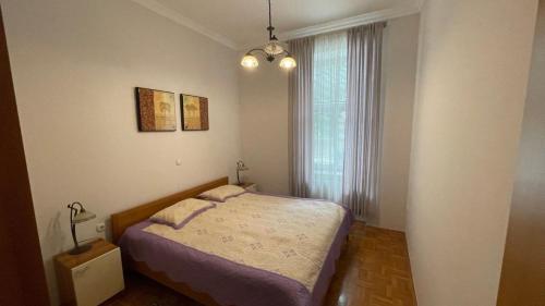 ein kleines Schlafzimmer mit einem Bett und einem Fenster in der Unterkunft Apartment Juliana in Rogaška Slatina