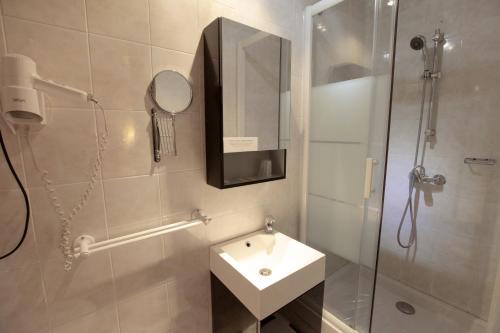 a bathroom with a shower and a sink and a mirror at Auberge La Pomme de Pin in Senonches