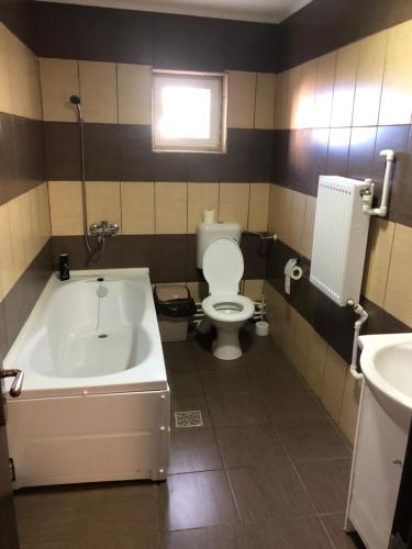 La salle de bains est pourvue d'une baignoire, de toilettes et d'un lavabo. dans l'établissement Hostel Mialma, à Onești