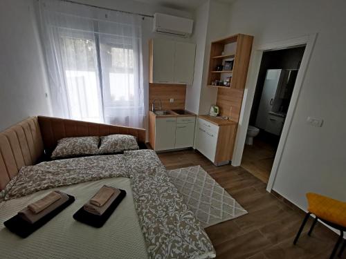 Il comprend un salon avec un lit et une cuisine. dans l'établissement LITTLE GARDEN - self CHECK IN, à Osijek