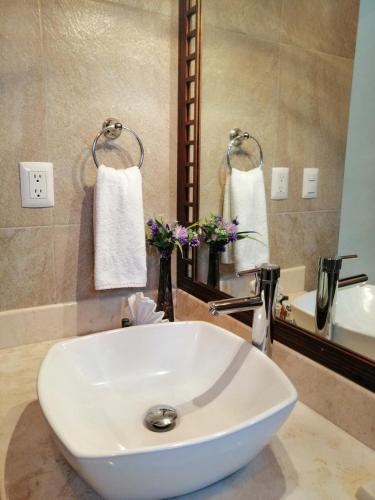 a white sink in a bathroom with a mirror at Casa San Roque Valladolid in Valladolid