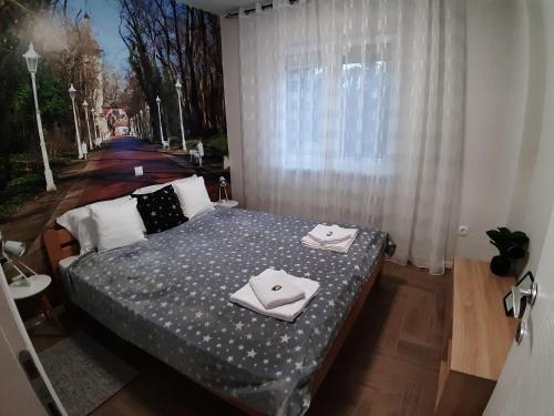 a bedroom with a bed and a window with towels on it at Apartments Manna Palic in Palić