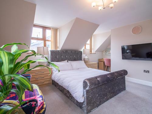 a bedroom with a bed with a couch and a tv at Grandeur Homes Sheffield in Heeley