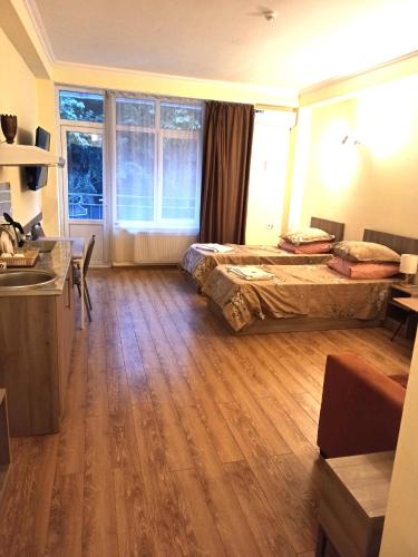 a bedroom with a bed and a desk and a kitchen at Hotel Caucase in Tbilisi City