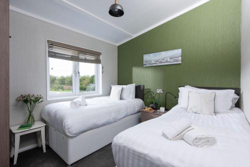zwei Betten in einem Zimmer mit grünen Wänden in der Unterkunft Daisy Lodge, 6 Roadford Lake Lodges in Lifton