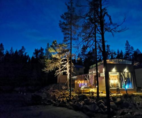 a house is lit up at night with lights at Levi Secret Igloo Revontuli in Levi