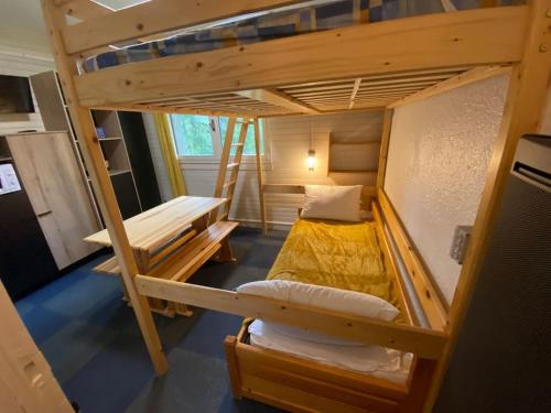 a small room with two bunk beds in it at Studio à 400m du front de neige LES ORRES 1650 in Le Mélézet
