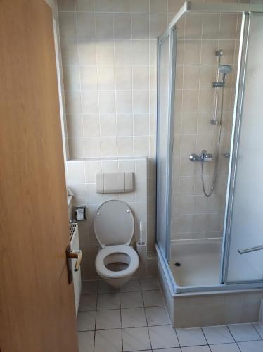 a small bathroom with a toilet and a shower at Zimmer am Jüdenhof in Heilbad Heiligenstadt