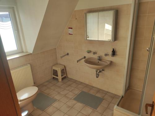 La salle de bains est pourvue de toilettes et d'un lavabo. dans l'établissement Zimmer am Jüdenhof, à Heilbad Heiligenstadt