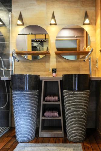 - une salle de bains avec deux miroirs et deux poubelles dans l'établissement la cache des relles, à Xonrupt-Longemer