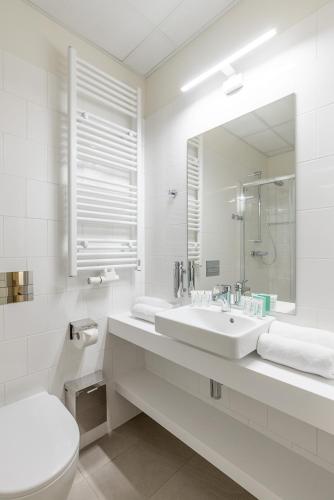 W łazience znajduje się umywalka, toaleta i lustro. w obiekcie Dom Zdrojowy w Gdańsku